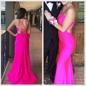 NWT La Femme 30172 Neon Pink Prom Jersey Gown sz 10